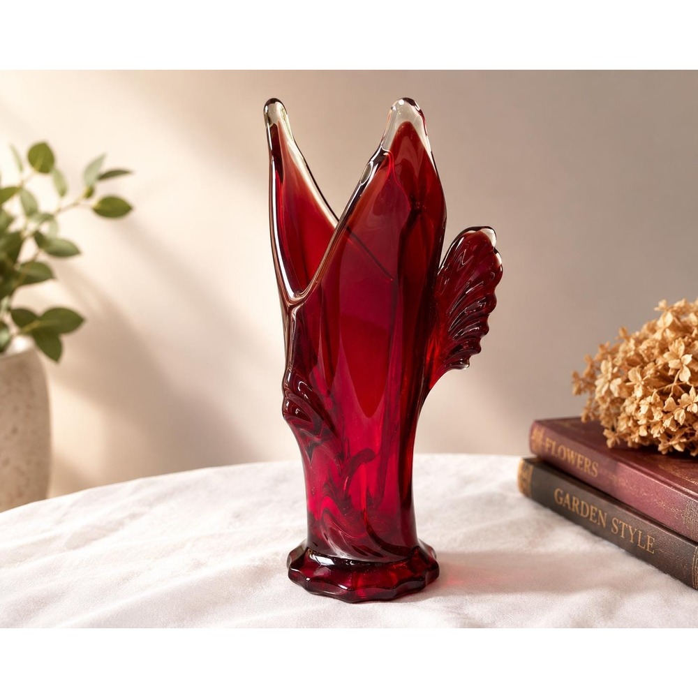 VTG Ruby Red Art Glass Vase Mid Century Flying Fish  Bud Vase Cranberry Glass